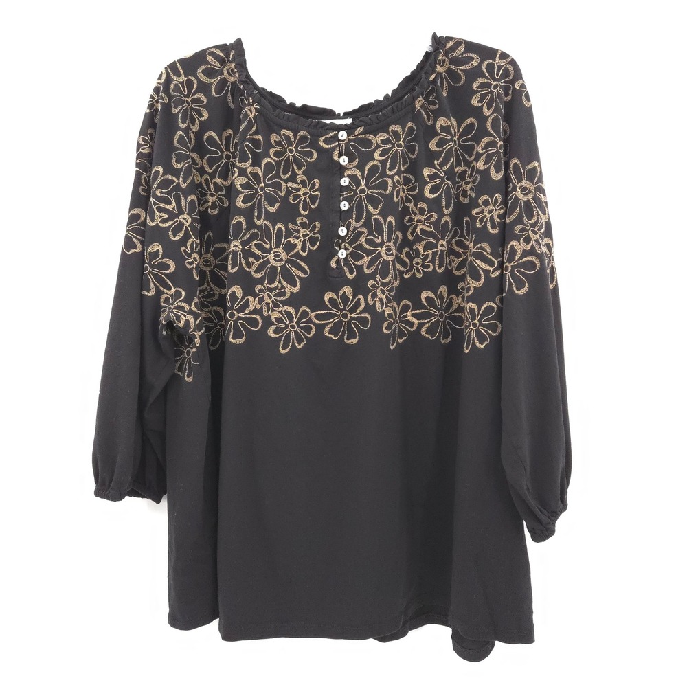J. Jill Tunic Top Womens 3X Black Floral Embroidered Henley Long Sleeve Blouse